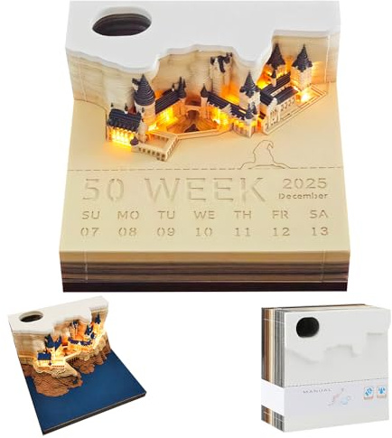 Time Piece Calendar 2026, 3D Magic Castle Weekly Calendar with LED Light, Desk Calendar DIY Paper Carving Art Memo Pad Craft Gift for Christmas Atomasphere Housewarming Desktop Decoration