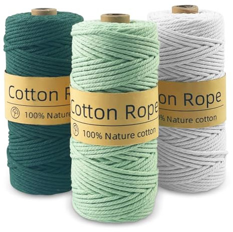 MeoZynxadril 3 Stück Makramee Garn, 3mm x100m, DIY Macrame Cord, Baumwollgarn, Natur, für Blumenampel, Deko, Vorhang, Türvorhang, Wand Aufhängung