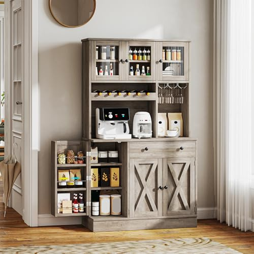 YITAHOME Kitchen Pantry Cabinet with Wine Rack & Power Outlet, 71 H Tall Storage Cabinet with Doors, Shelves, Drawer, Goblet Holder for Kitchen & Living Room (Grey)
