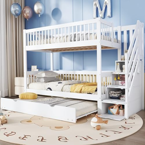 Zepneiy Lit Superposé Enfant 90x200cm avec Gigogne Intégré lit, Lit Maison avec Escalier de Rangement Anti Dérapant, Barrière de Sécurité et Structure en Bois Massif MDF Blanc (sans Matelas)