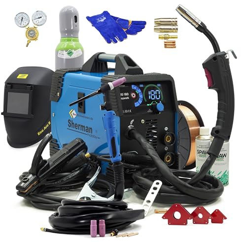 Sherman MIG 180 Easywork - Saldatrice MIG MIG MAG TIG MMA 230 V, accessori inclusi filo di riempimento Flux Inverter – Combi portatile set completo con bombola del gas e accessori Bestsalden.de