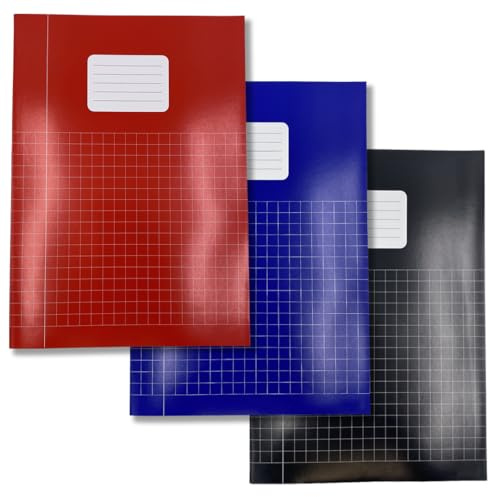 DULA Schulheft - 5er Pack - A4 Format Quadratisch 10 mm - Rot/Blau/Schwarz - Schulheft kariert