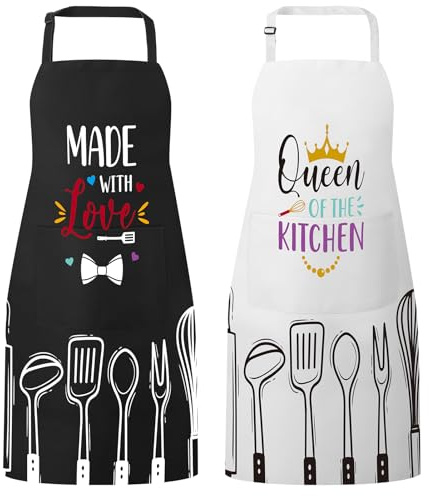 Meng Jiaran 2 Pack Adjustable Apron Women Aprons with Double Pocket,Cooking Baking Apron Kitchen Chef Aprons for Women,Queen OF THE KITCHEN and MADE WITH Love