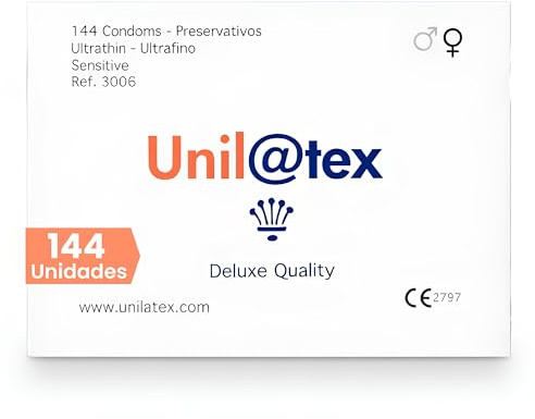 Preservativos Naturales Sin fragancia 144 Unidades Unilatex Ultrafinos Sensitive Látex Lubricados 54 mm x 0.060 mm x185 mm Sin Olor Fragancia Sin Sabor Transparente Ergonómico Caja 144 Preservativos