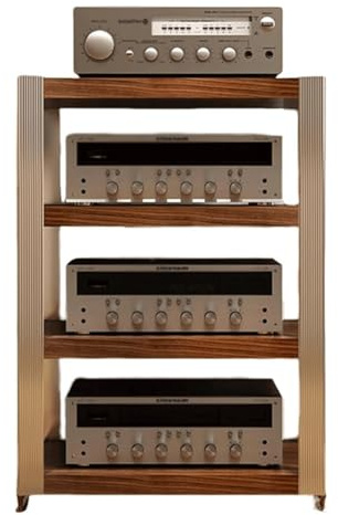 Träställ for ljudtorn AV-media med aluminiumram Stereostativ med justerbara hyllor Skivspelare(Walnut,4tier)