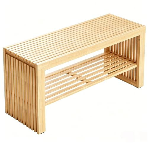 HEYZOEY Banco Zapatero de Bambú con Asiento, Estante para Zapatos para Pasillo y Recibidor, Antideslizante y Resistente hasta 250 kg, 90 × 33 × 43 cm, para Dormitorio y Baño (Bambú Natural)