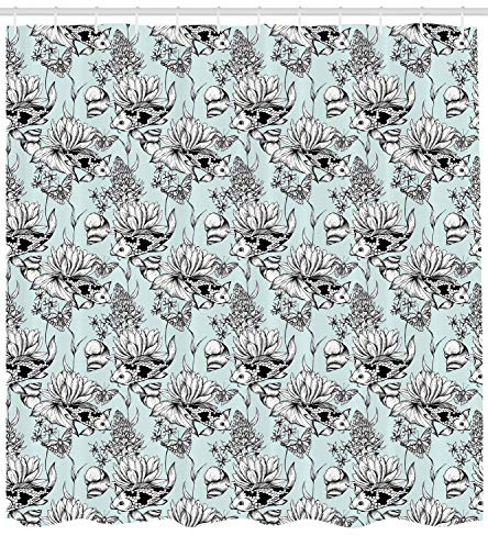 Ambesonne Shabby Flora Shower Curtain, Vintage Monochrome Pond Water Flowers Lily Carp Snail Twigs Art, Cloth Fabric Bathroom Decor Set with Hooks, Pale Blue White Black