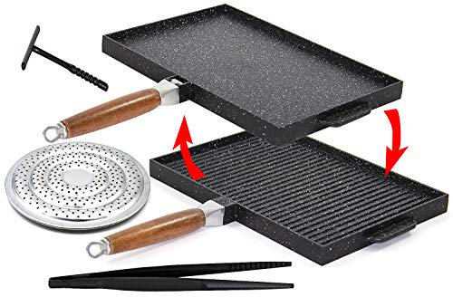 Padella Sirio RETTANGOLARE, Bistecchiera Piastra, Doppia cottura, Lato Grill e Liscio, Antiaderente in Pietra Laviga + Spargifiamma e accessori, Manico smontabile 37x25 cm.