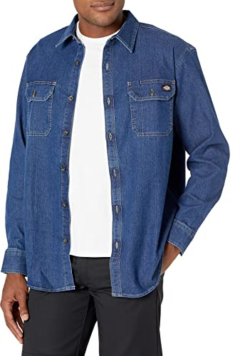 Dickies Camicia da Uomo Flex Denim a Maniche Lunghe con Colletto Bottoni, Lavaggio Medio in Denim, S
