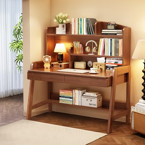 BALANBO Kid's Desk Kid's Table with Drawers and Bookshelf Wooden Kid's Media Desk Student Learning Computer Workstation and Writing Desk （Brown）