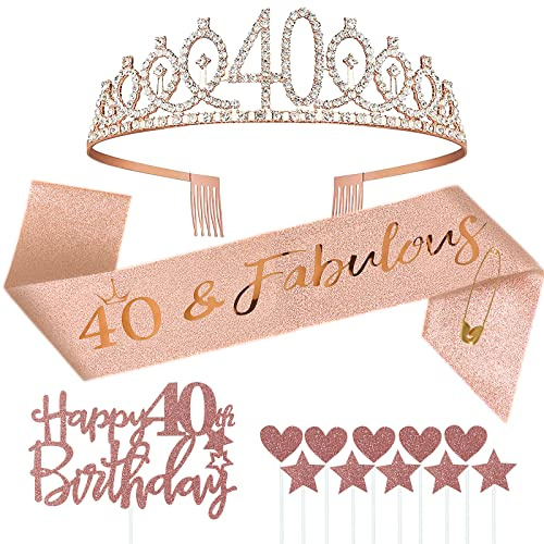 Jonvell 40 Anni Compleanno Corona Fuscia Oro Rosa Compleanno Crown Coroncina Diadema Fusciacca Cake Topper Decorazioni Regalo di Compleanno Donna