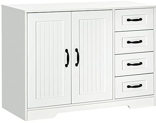 HOMCOM Sideboard, Beistellschrank mit 4 Schubladen, 2 Türen, Küchenschrank, Aufbewahrungsschrank mit verstellbarem Einlegeboden für Wohnzimmer, 105 x 40 x 76 cm, Weiß