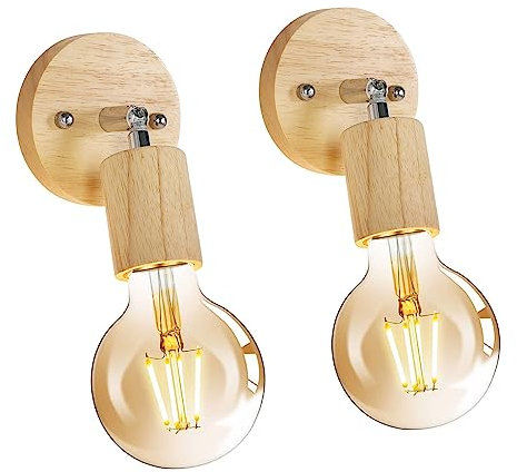 Tealight 2 Pezzi Lampada da Parete Vintage, Applique da Parete Interno in Legno, Orientabile 350° E27 Applique da Parete Camera da Letto Soggiorno Corridoio Scale Ristorante