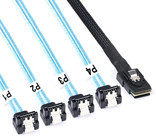 ADCAUDX 2-pack Mini-SAS till SATA-kabel: 1 m SFF-8087 till SATA 90 graders rät vinkel framåtbrytningskabel, SFF 8087 SAS-kontroll till hårddisk (3,3 fot)