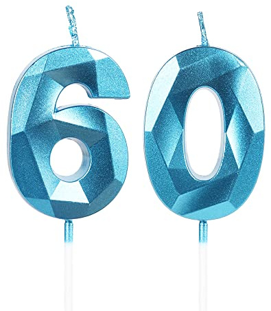 Yiran Sky Blue 60th Birthday Candles, Number 60 Happy Birthday Candles, Blue Cake Topper Decorations for Birthday Party, Wedding Anniversary Celebration Supply for Men Women(Age 60)