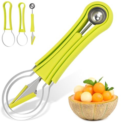 Dokeno 4 In 1 Scavino per frutta,Acciaio Inossidabile Coltello Melone,scavino da cucina,frutta Scooper,acciaio inox cocomero Cutter per Insalate di Frutta Fai Da Te Gelato Anguria Utensili Da Cucina