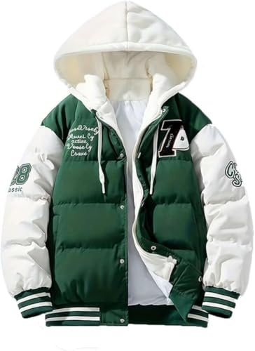 Uomo Hip Hop Moda Varsity con Cappuccio Piumino Impiombato Falso Giacca da Baseball con Cappuccio Inverno All'aperto Ispessito Giù Giacca di Cotone (Verde,L)