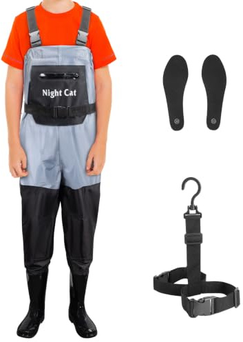 Night Cat Fishing Waders for Kids: Waterproof Hunting Chest Waders for Boys Girls With Boots Blue