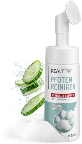 ReaVET Pfotenreiniger für Hunde mit Pfotenschaum, Hundepfoten Reiniger, Pfoten waschen Hund ohne Abspülen, Pfotenpflege mit Hamamelis & Gurke, Dog Paw Cleaner, Paw Foam Cleaner 150ml