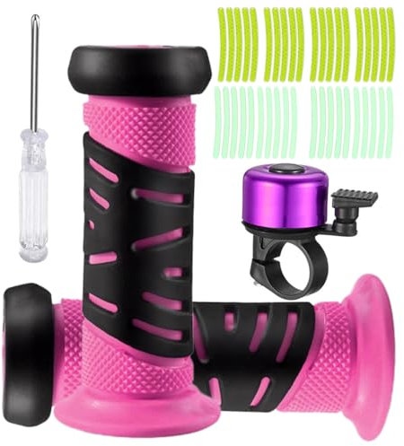 Cykelhandtag för barn med klocka, reflekterande klistermärken och skruvmejsel, 22 mm cykelstyrehandtag för barn, cykelgrepp för barn (rosa)