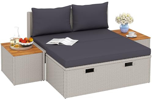 Outsunny Polyrattan Sonnenliege für 2 Personen Doppelliege mit Fußhocker Stauraum Schirmloch wetterfest Gartenliege 320kg Belastbar Gartenmöbel Liegestuhl Relaxliege für Garten 125x114x72,5 cm Grau