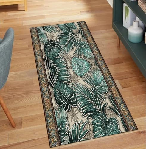 QQrunner Alfombra de pasillo antideslizante por metros, color verde oscuro, 100 x 120 cm, lavable, diseño de hojas, alfombra de cocina, pasillo, poliéster, salón, alfombra atrapa la suciedad