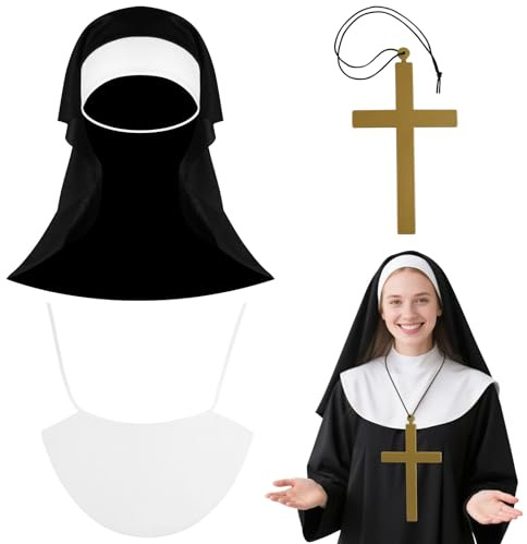 Aomig Accessori per Costume da Suora, 3 Costumi da Suora per Halloween, 1 Copricapo da suora, 1 Catena di Collo Cross, 1 Sciarpa da Suore, Adulto Suora Cosplay Costume in Maschera Accessori