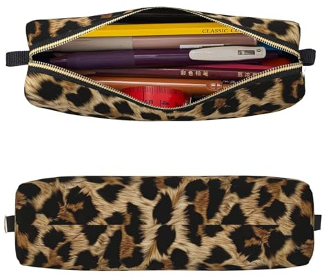Mexpekil Astuccio in pelle per ragazze e ragazzi, piccolo organizer per penne, con cerniera, sottile, multiuso, per forniture scolastiche, bambini e adulti, Stampa leopardata, Taglia unica, Organizer