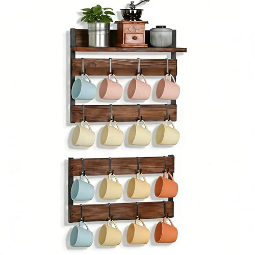 JUJOYBD Rustikaler Tassenregal für Wand - Hängendes Tassenhalter mit Ablagefläche und 16 Haken für Kaffeebecher Teetasse, Holz & Metall, für Küche, Pausenraum & Kaffeeecke