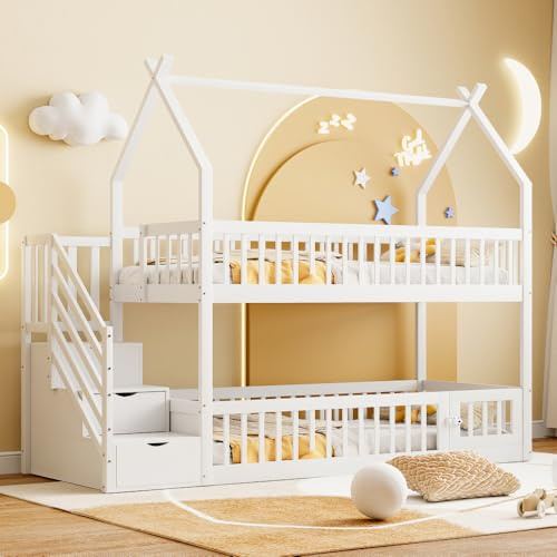 Wyibwy Litera de 90 x 200 cm con techo para niños, cama alta con escalera de seguridad y cajones de almacenamiento, estructura de cama con barrera y contenedor, cama de madera maciza, color blanco