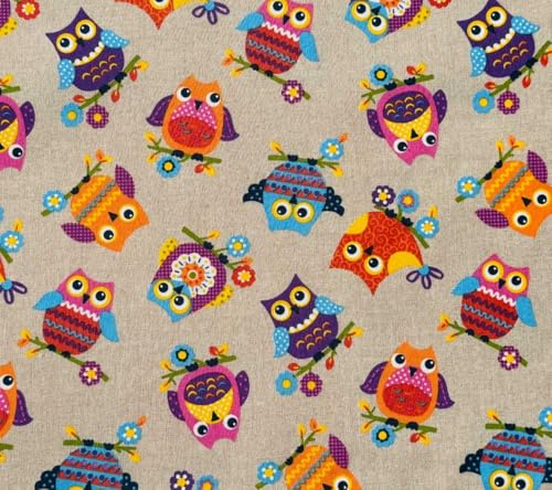 Tela Loneta por Metro – 280 cm de Ancho – Varias medidas (0,5m/1m/3m) y diseños – Ideal para Tapicería, Cojines, Manualidades y Decoración (Buhos, 300cm x 280cm)