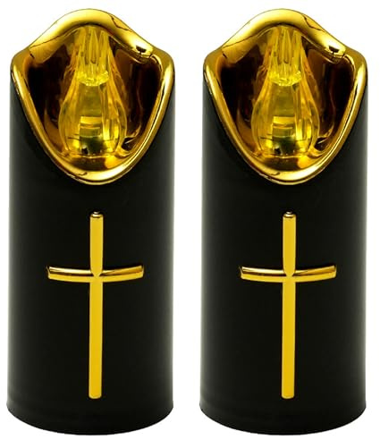 Hotainoys Decoraciones para Tumbas para Cementerio, Paquete de 2 Luces para Tumbas, Velas LED Conmemorativas con Cruz Dorada, Velas de Cementerio con Pilas para Decoraciones al Aire Libre, Negro para