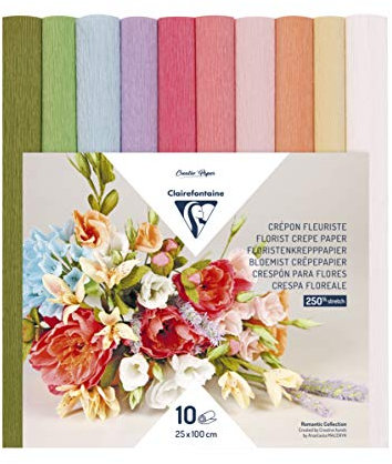 Clairefontaine 995000C Krepppapier, Floristen-Format, 25 x 100 cm, Elastizität, 250%, Grammatur 160 g, Papierblumen, nicht abfärbende Farben, 10 Pastellfarben