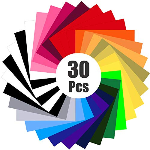 Whaline 30 Pcs Heat Transfer Vinyl Set, Colorful HTV Bundle, Permanent Adhesive Heat Transfer Paper, Backed Vinyl Sheets Assorted Colors for DIY T-Shirts, Hat, Clothing, Birthdays, Special Day