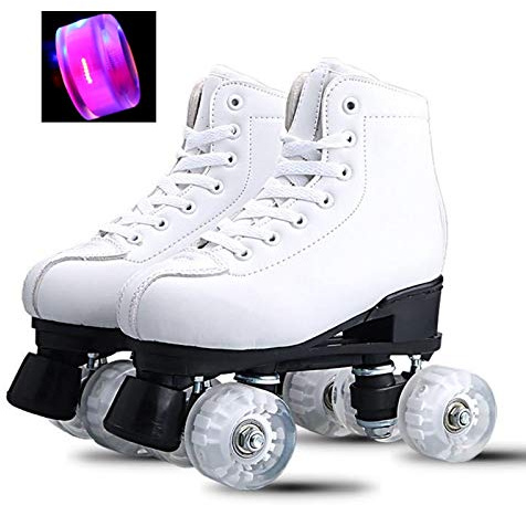 DFWYG Patins à roulettes Blancs Classiques avec Roues Flash PU, Tige en Cuir PU, Rollers Quad Roller Chaussure pour Débutants Adolescents Femmes Adultes Hommes Garçons Filles,EU36/ UK3.5