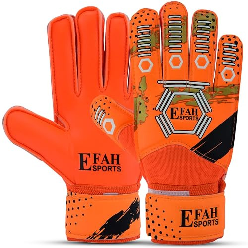 EFAH SPORTS Gants de gardien de but de football pour enfants, garçons, enfants, jeunes – Gants de gardien de but de football avec paumes à forte adhérence (taille 6, orange/doré)