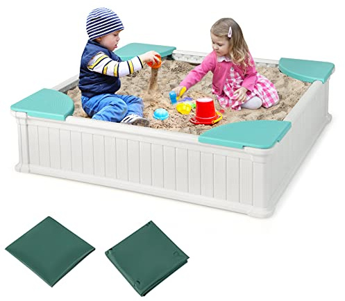 Costzon Kids Sandbox with Cover, 4ft x 4ft HDPE Sandpit with Oxford Cover, Bottom Liner, 4 Corner Seats, Weather Resistant Outdoor Sand Pit for Backyard Lawn Garden Beach (White)
