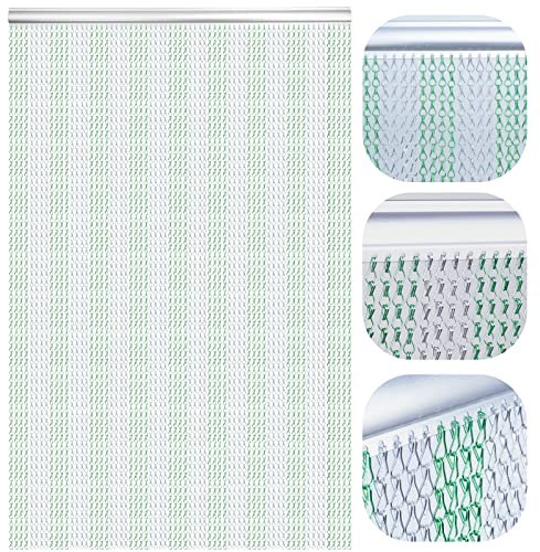LYMMIYTC Rideau à chaînes en Aluminium, 90×210cm Écrans de Porte à Rideau de chaîne pour Décoration des Portes, Volant en Métal Stores Anti-Insectes Antiparasitaire (Argent & Vert)