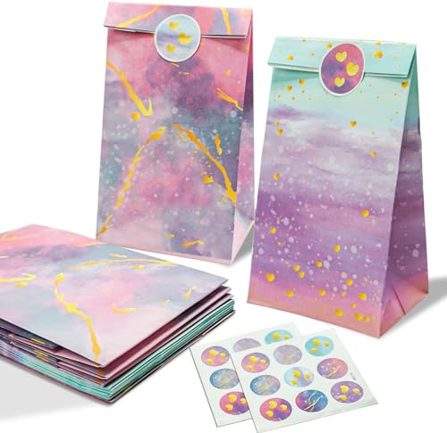 Girls Party Bags, 12Pcs Gift Bags for Kids Sweet Bags Fillers with Stickers Reusable Pastel Party Bags for Birthday Party Favors Wedding Baby Shower