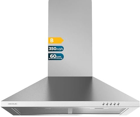 Cecotec Campana Extractora Piramidal de 60cm Bolero Flux PM 603500 Inox B. Motor 65W, Acabado Inox, Succión 350m3/h, Control Mecánico, 3 Niveles de Potencia, Luz y Filtro de Carbono