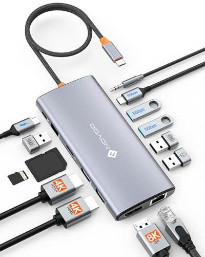 NOVOO Docking Station con Triplo Display, 14 in 1 da USB C a Doppio HDMI 4K 60Hz Adattatore con DP 8K a 30Hz, 6 Porte USB C/A, PD da 100W, RJ45, SD/TF, 3.5mm Audio per MacBook/Dell/HP/Lenovo