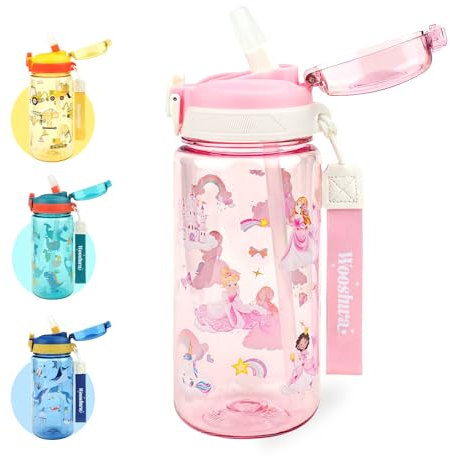 wooshwa Gourde Enfant avec Paille, Pour Filles, Anti-Fuite, Étanche, 600 ml Bouteille Enfant sans BPA, Verrouillage Sécurisé, Bouteilles d'eau pour Maternelle l'école Sport, Princesse