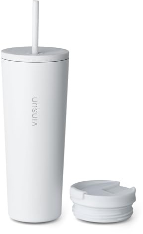 VINSUN Thermobecher mit Strohhalm 720ml - Edelstahl, auslaufsicher, doppelwandig isoliert - Heiß & Kaltgetränke - Kaffeebecher weiß mit zwei Deckeln für Reisen, Auto, Uni