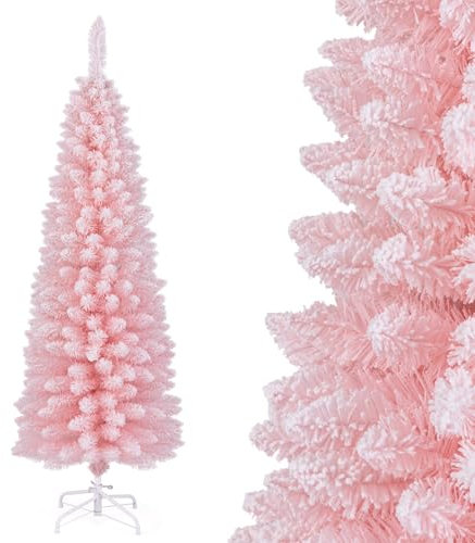 COSTWAY Albero di Natale Slim Rosa 150/180 cm, Albero di Natale Innevato con 328/460 Rami e Supporto Metallico Pieghevole, Albero per Decorazione per Feste in Casa e Ufficio (150 CM)