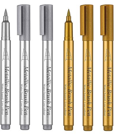 XWLEYW Gold Silver Acrylic Paint Pens Set – 6 Metallic Marker Pens Gold Pens for Writing, Acrylic Markers for Fabric Canvas Rock Glass Wood Paper (Fine 1mm + Dot 5mm)