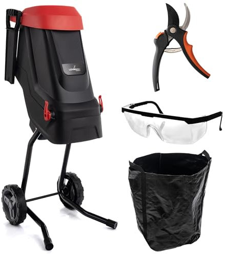 LEHMANN Trituradora de Ramas Eléctrica, Grosor máx. 45 mm, Cesta de 45L, Cuchillo de Acero al Carbono SK5, Silencioso, Juego de Accesorios – Tijeras de Podar y Gafas de Protección