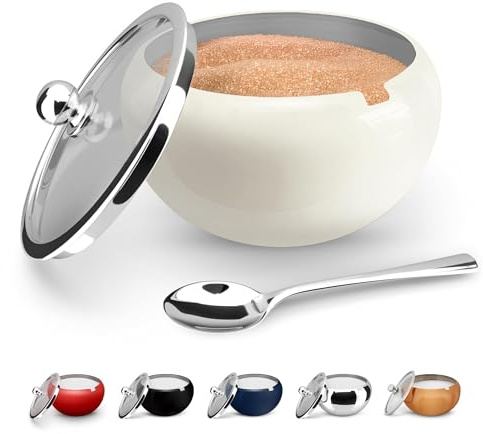 KooK Stainless Steel Sugar Bowl with Lid and Spoon, Serving Dish, Clear Glass Lid, Storage for Salt, Candy, Coffee, Holds 2 Cups, Dishwasher Safe, 16 oz Vintage White Glossy