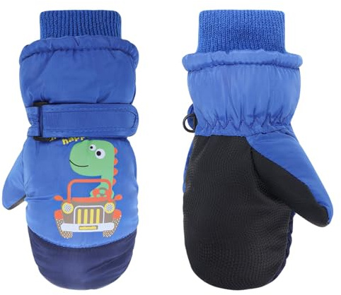 Jupsk Guanti invernali da sci per bambini, con dinosauro, impermeabili, antiscivolo, in peluche, caldi guanti da snowboard per bambini e ragazzi, età 3-5 anni, blu