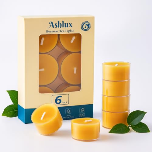Ashlux 6 Velas de Té de Cera de Abeja Natural, Color Amarillo, 6 Horas de Combustión, Vaso Acrílico Transparente, Ideales para Navidad, Boda, Fiesta y Hogar