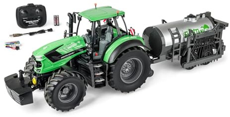 Carson 1:16 Deutz Tractor 8280TTV with Barrel Trailer 100% - RC Tractor, Remote Controlled Vehicle with Light and Sound, Includes Batteries and Remote Control, Remote Controlled Bulldog